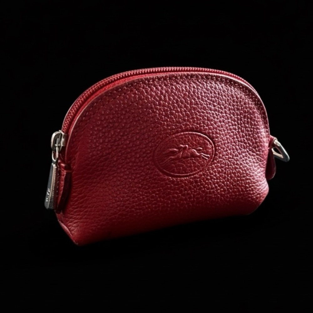 Longchamp Le Pliage Coin Change Purse Cosmetic Pouch Red Pebbled Leather Zipper